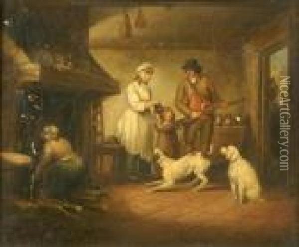 Kitchen Interior With Farmer, His Family And Gundogs Oil Painting - George Morland