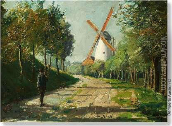 Miller Walking To His Mill. Panel (mahogany). Signed H.de Smeth. Oil Painting - Hendrick De Smeth