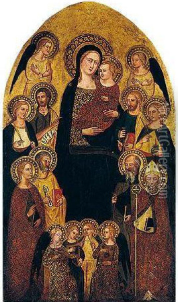 The Madonna And Child Enthroned With Saints John The Baptist, Peter, Two Female Saints, Paul, Mary Magdalene, Anthony Abbot And A Bishop Saint (augustine?), With Music-making Angels Oil Painting - Master Of The Lazzaroni Madonna