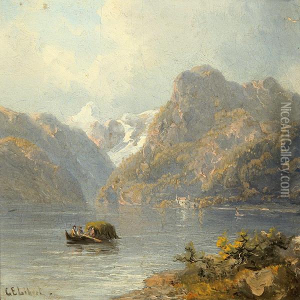 Mountain Landscape With Boats On A Lake Oil Painting - Georg Emil Libert