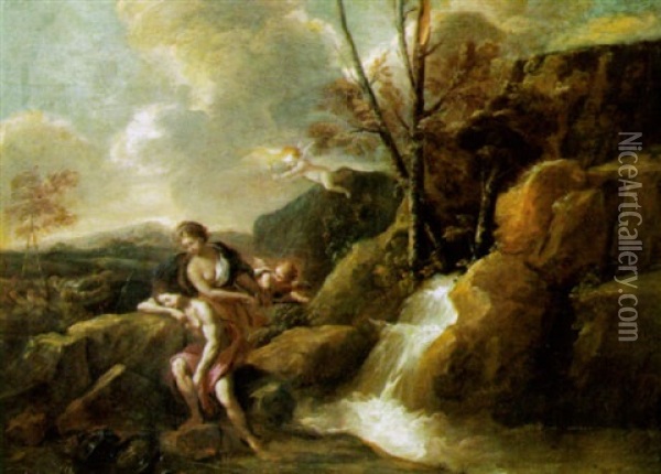 Mythologische Szene In Einer Gebirgslandschaft Mit Einem Wasserfall Oil Painting - Giuseppe Maria Crespi