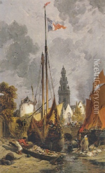 Barques De Peche Sur La Riviere A Landerneau Oil Painting - Jules Achille Noel