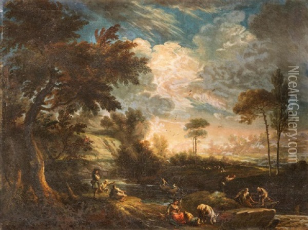 An Extensive River Landscape With Fishermen Resting On The Banks Oil Painting - Marco Ricci