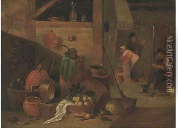 A kitchen interior with peasants Oil Painting - David The Younger Teniers