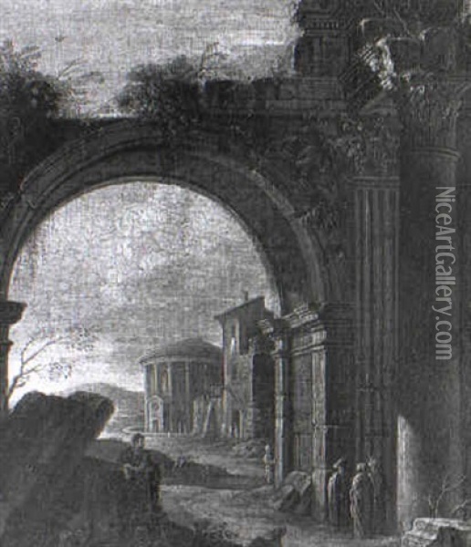 Figures Beneath A Ruined Classical Arch Oil Painting - Giovanni Ghisolfi