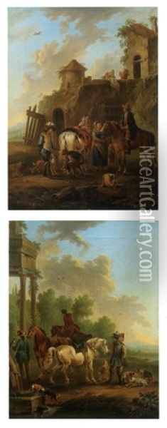 La Halte Des Cavaliers Pres D'une Fontaine (+ La Halte Des Cavaliers Pres De Ruines; Pair) Oil Painting - August Querfurt