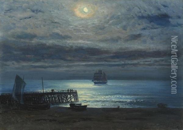 Ship On A Moonlit Sea - Yarmouth Jetty Oil Painting - Henry Moore