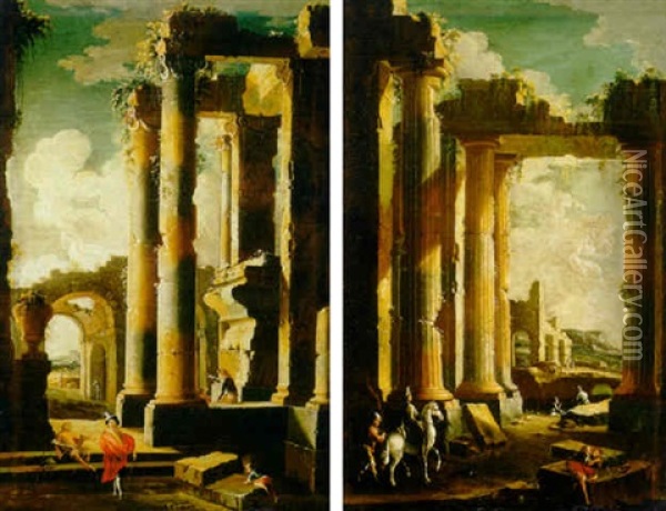 Capricci Of Figures Among Classical Ruins Oil Painting - Leonardo Coccorante