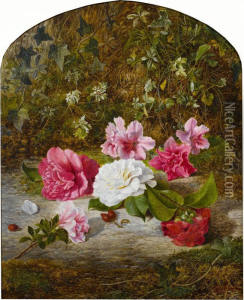 Still Life With Roses And Ivy On A Mossy Bank Oil Painting - Charles Archer
