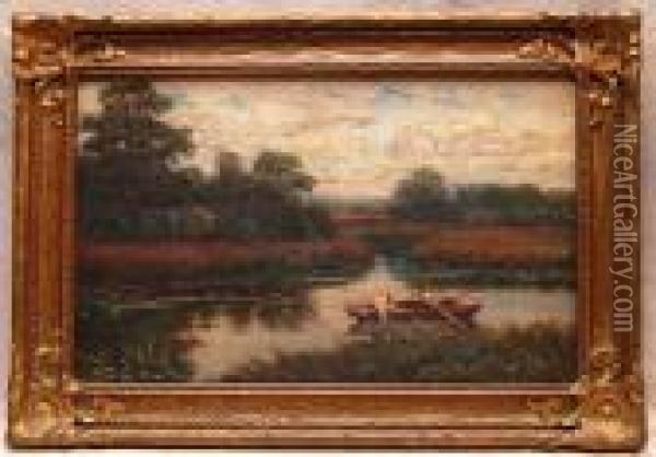 River Landscape W/ Row Boat Oil Painting - Robert Ward Van Boskerck