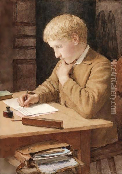 Boy Writing, 1905 Oil Painting - Albert Anker