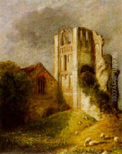 Sheep Grazing Near A Ruined Abbey Oil Painting - David Hodgson
