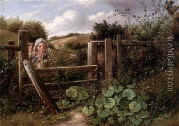 Zwei Kinder Mit Einem Blumenkorbchen Am Gartenzaun Oil Painting - Mari ten Kate