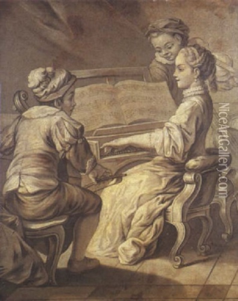 Allegorie De La Musique: Jeune Fille Et Deux Garcons Jouant Dans Un Interieur Oil Painting - Carle van Loo