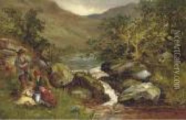 An Angling Party On A River Bank Oil Painting - Benjamin Williams Leader