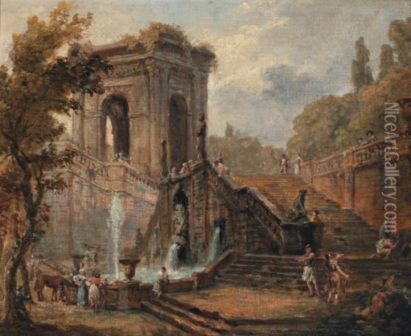 Lavandieres Au Pied D'un Escalier En Ruines Oil Painting - Hubert Robert