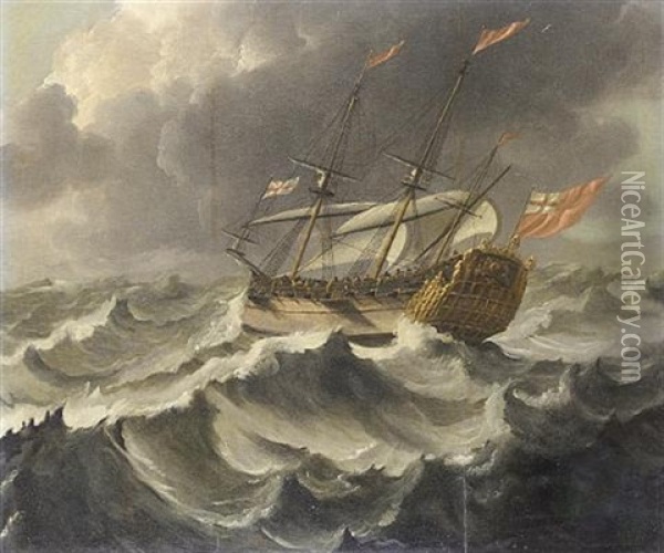 An English Merchant Vessel With A Spanish Barge In Choppy Seas (+ An English Frigate In Stormy Seas; Pair) Oil Painting - Willem van der Hagen