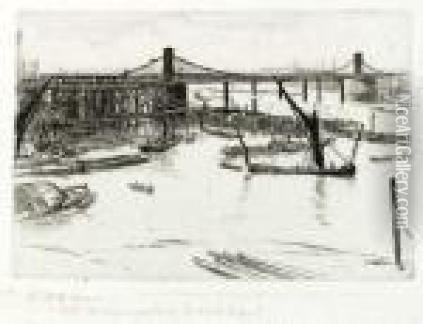 Old Hungerford Bridge, From Sixteen Etchings Oil Painting - James Abbott McNeill Whistler