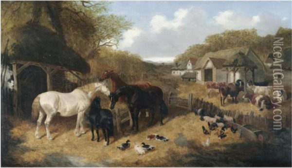 Cattle, Pigs, Ducks, Chickens And Horses In A Farmyard Oil Painting - John Frederick Herring Snr