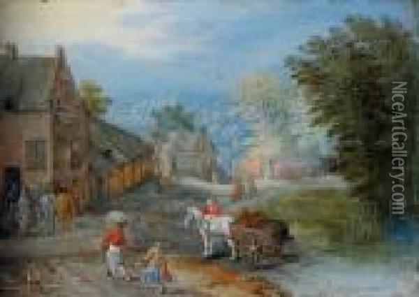A Village Street With Figures 
Leading A Horse And Cart, An Extensive Wooded Landscape Beyond Oil Painting - Jan Brueghel the Younger