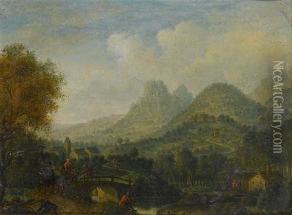 A Mountainous River Landscape With A Horsemen Crossing A Bridge (+ A Mountainous Landscape With A Watermill In The Foreground; Pair) Oil Painting - Cornelis Verdonck