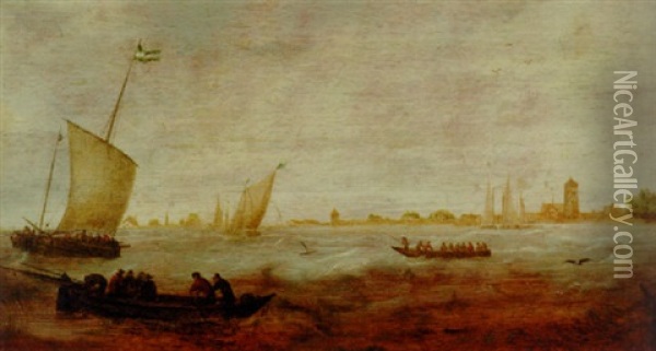 Figures In A Rowing Boat With Smalschips Off A Coastline Oil Painting - Hendrick Van Anthonissen