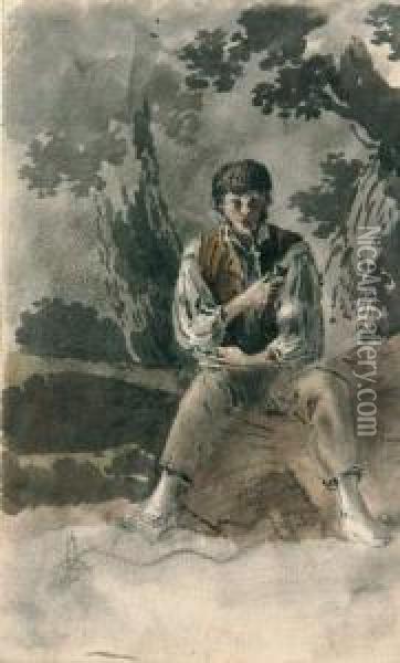 Pfeiferauchender Junger Mann, Unter Baumen Sitzend. Oil Painting - Friedrich Salathe