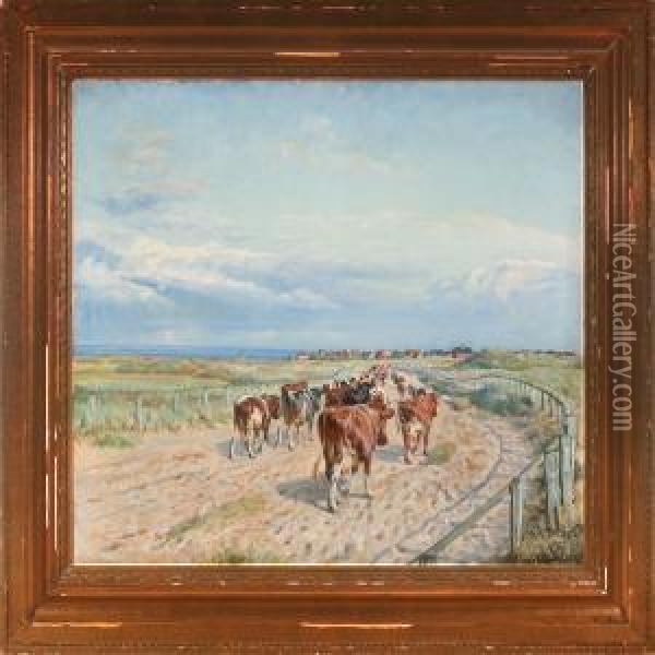Scenery From Fano Withcows On Their Way To Milking Oil Painting - Niels Pedersen Mols