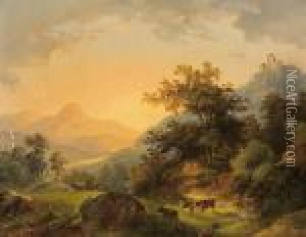 Landschaft Mit Weidevieh Bei Untergehender Sonne Oil Painting - Joseph Altenkopf