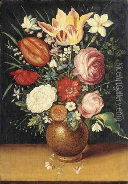 An Iris, Tulips, A Peony, And Other Flowers In A Vase With A Snail On A Ledge Oil Painting - Jan Brueghel the Elder