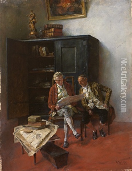 Zwei Sitzende Herren Betrachten Pergamente Oil Painting - Carl Mayr-Graetz