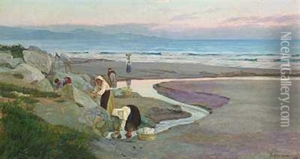 Bretagnekoner, Der Vasker Toj I Aens Udlob I Havet Oil Painting - Johann Christopher Schlichtkrull