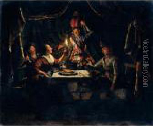 Nocturnal Scene With A Harlequin Surprising A Merry Company In A Curtained Interior Oil Painting - Matthijs Naiveu