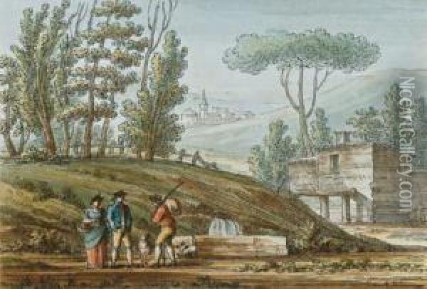 A Landscape With Travellers Near A Spring And A Town In The Background Oil Painting - Giacomo Quarenghi