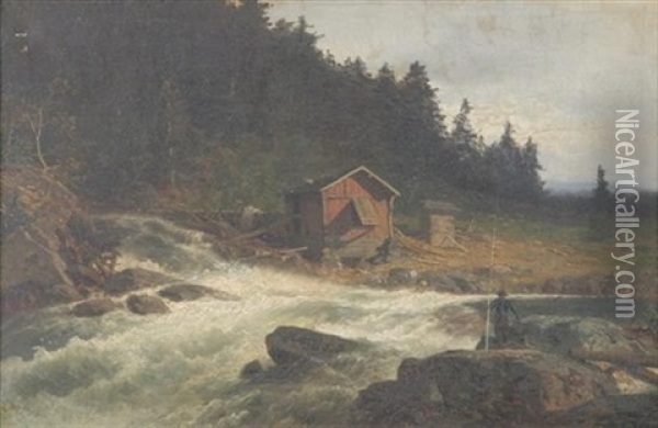 Fishing In The Rapids Oil Painting - Axel Wilhelm Nordgren