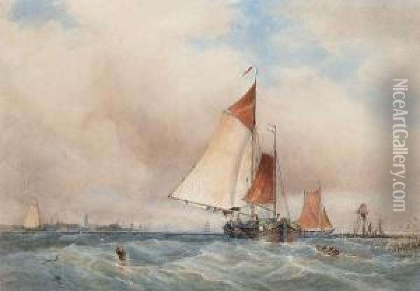 Dutch Barges On The Scheldt Oil Painting - Walter William May