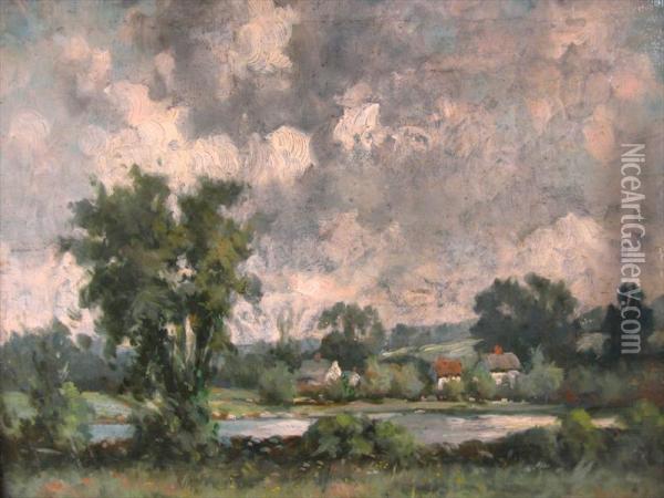 Landscape With Houses & Pond Oil Painting - Walter Douglas