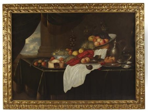 A Still Life Of Lobster, Fruit And Objets On A Table-top With A View Through A Window Oil Painting - Andries De Koninck