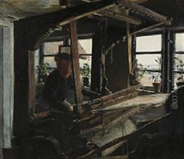 At The Loom In The Corner Of The Room Oil Painting - Laurits Andersen Ring