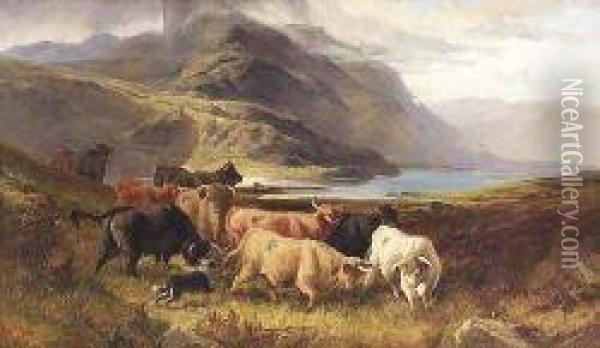 Droving Highland Cattle By A Lochside Oil Painting - Joseph Adam