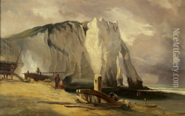 Pecheurs Et Barque Pres D'une Falaise D'etretat Oil Painting - Louis-Gabriel-Eugene Isabey