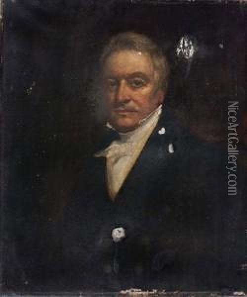 Portrait Of A Gentleman With Grey Hair Wearing Awhite Stock And Black Jacket Oil Painting - William Owen