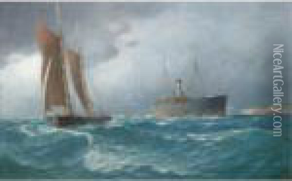 Sailing Boat And Steamship At Sea Oil Painting - Emilios Prosalentis
