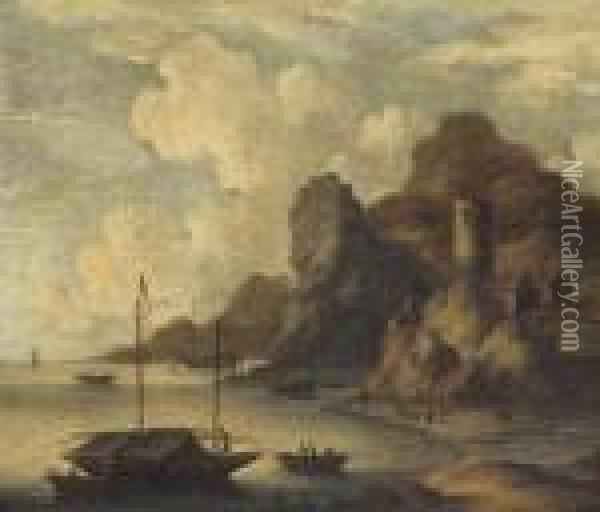 A Mediterranean Coastal Inlet With Fishermen On The Shore Oil Painting - Bonaventura, the Elder Peeters