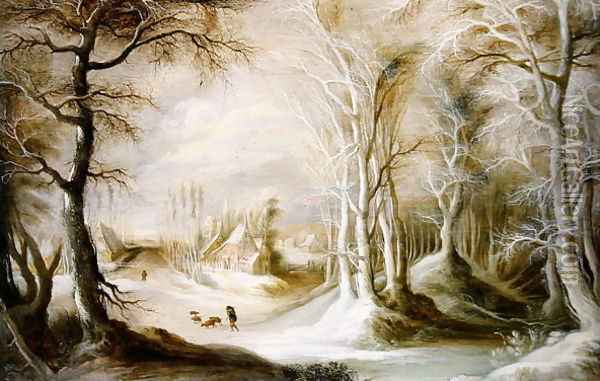 Winter landscape with a peasant walking through snow Oil Painting - Winter Landscapes The Master of the