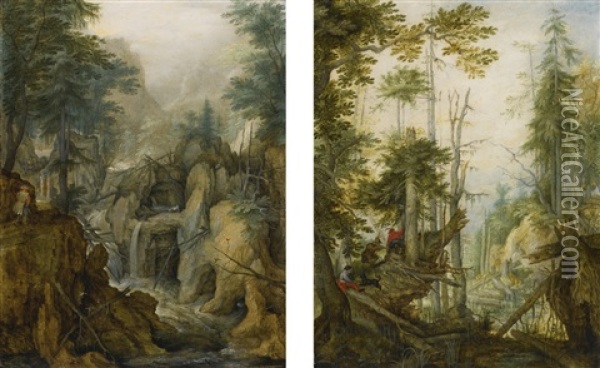 Alpine Landscape With Torrent And Hunter; Alpine Landscape With Three Hunters (2 Works) Oil Painting - Roelandt Savery