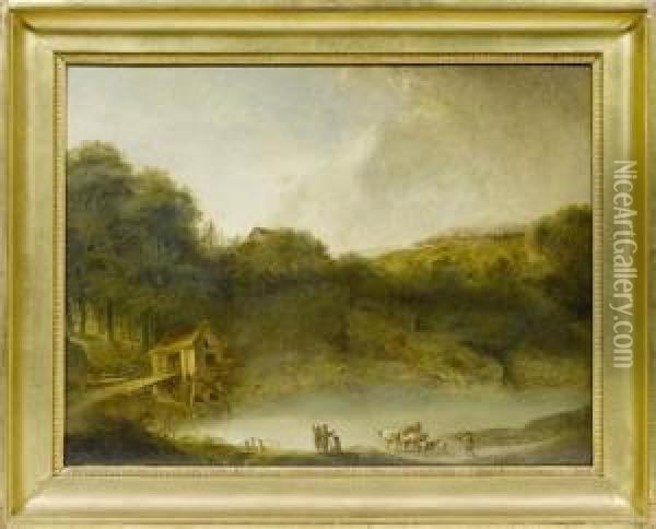 Pendants:paysage Avec Personnages Et Betail Au Bord D'un Etang / Paysageavec Ruines Et Personnages. Oil Painting - Heinrich Johann Wuest