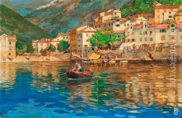 Mediterran Tengerparti Varos Oil Painting - Jozsef Palfy