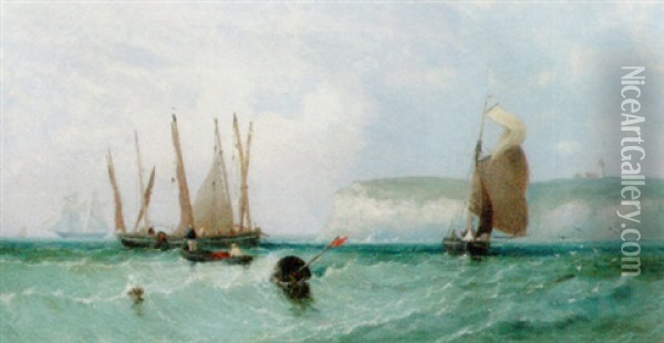 Herring Boats Off Flamborough Head Oil Painting - James Meadows Snr