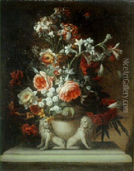 Composition Florale Dans Un Vase A Decor De Lions, Pose Sur Un Entablement Oil Painting - Nicolas Ricoeur
